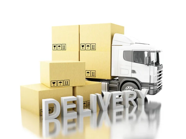 3d Вантажівка з картонними коробками і словом "доставка" — стокове фото