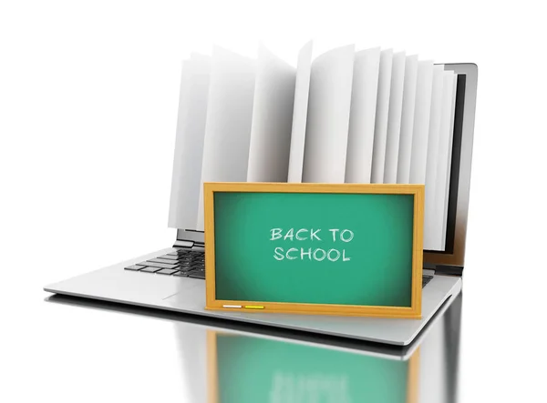 Ordenador portátil 3d con páginas de libros y texto "Volver a la escuela" — Foto de Stock