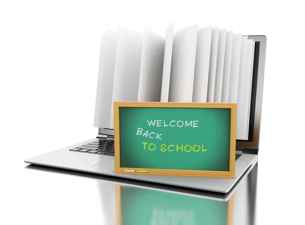 Ordenador portátil 3d con páginas de libros y "Bienvenido de nuevo a la escuela " — Foto de Stock