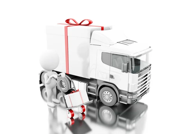 3D-witte mensen leveren een gift box met vrachtwagen en levering va — Stockfoto