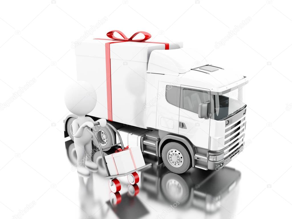 3d White people delivering a gift box with truck and delivery va