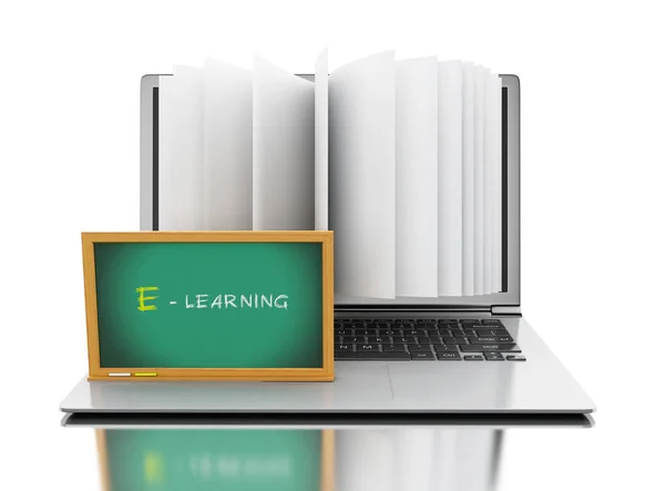 Ordinateur portable 3d avec pages de livres et texte "E-learning" — Photo