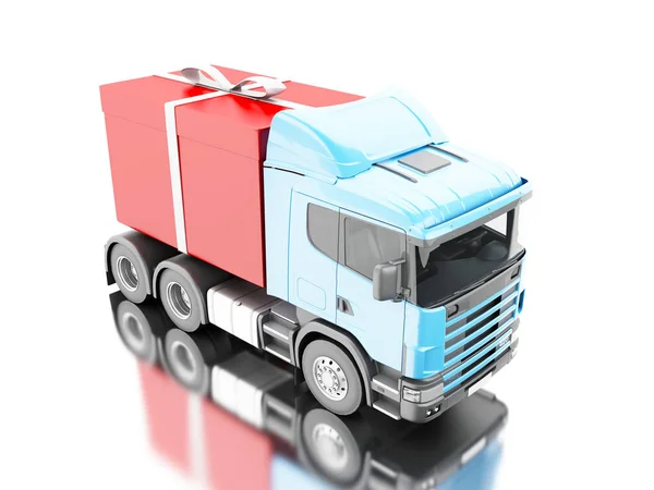 3D vrachtwagen leveren een geschenkdoos met lint — Stockfoto