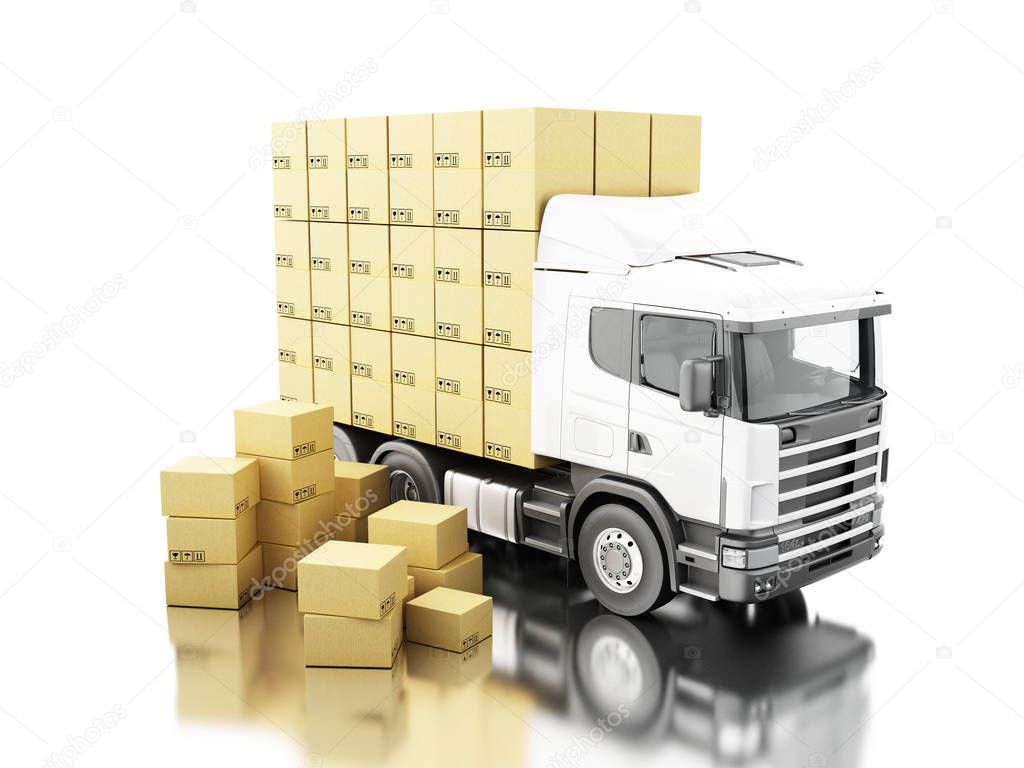 3d Truck with carboard boxes on pallet