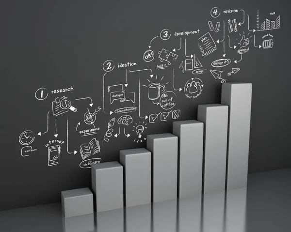 Gráfico de barras 3d con boceto de proceso de diseño en la pared — Foto de Stock