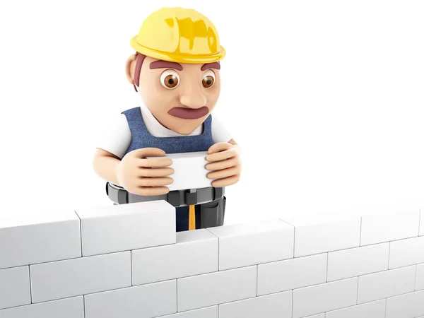 3d personas construyendo una pared de ladrillo . — Foto de Stock