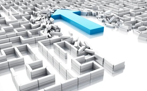 3d Blue arrow breaking down the walls in the maze — Stock Photo, Image