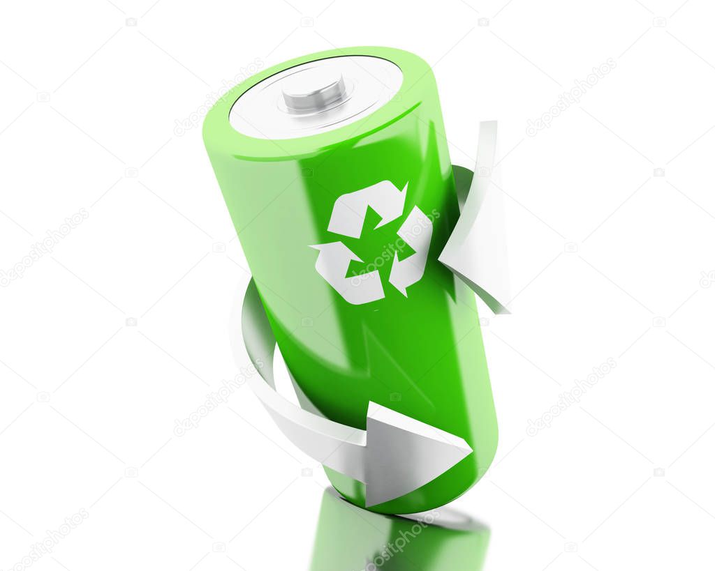 3d Green battery with recycling symbol .