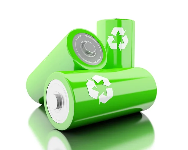 3D-stack van groene batterijen met recycling symbool . — Stockfoto