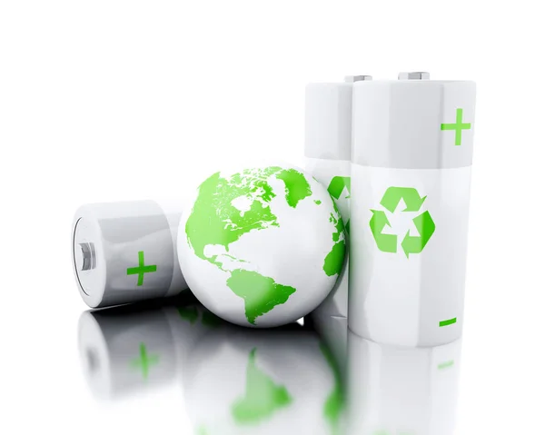 Baterías 3d con símbolo de reciclaje y globo terráqueo — Foto de Stock