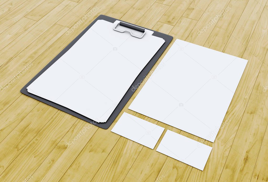 3d Business cards and blank notepads on wooden table.