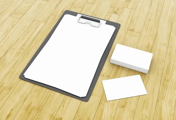 Cartões de visita 3d e blocos de notas em branco na mesa de madeira — Fotografia de Stock