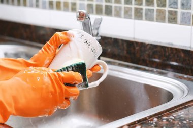 Elinde spon ile bulaşık eldivenleri