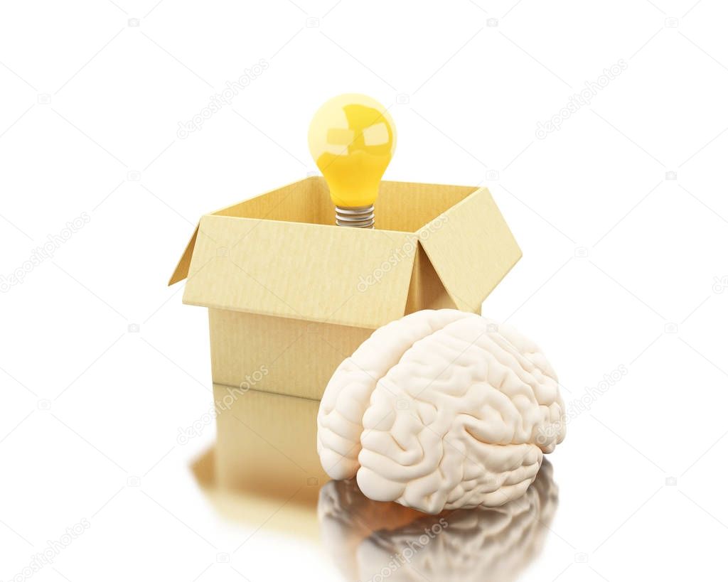 3d Brain with ligthbulb and cardboard box