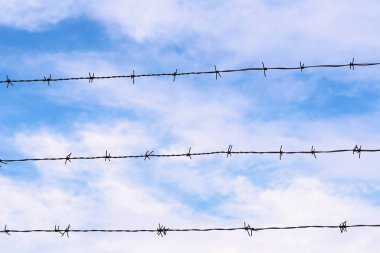Mavi gökyüzüne karşı dikenli tel.