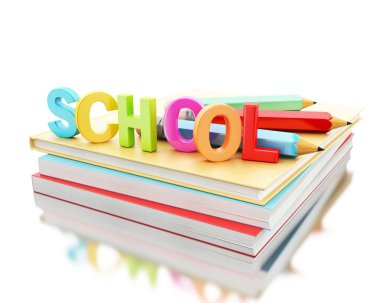 3B yığın renkli kitap ve kalemler