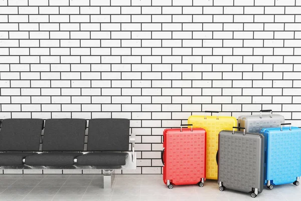 Salon de départ 3d avec valise de voyage . — Photo