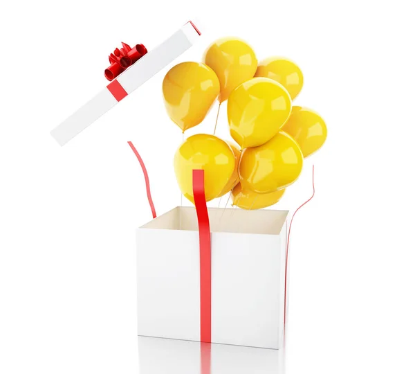 3D offene Geschenkbox mit Luftballons. — Stockfoto