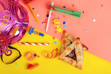 Karnaval maskesi, parti kostüm ve hamantasc Purim arka plan