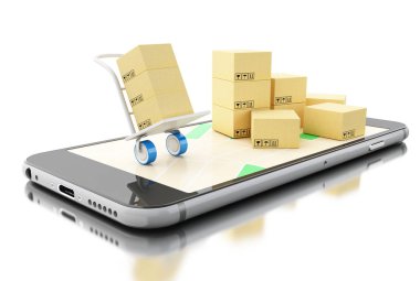 smartphone cep telefonu ile 3D karton kutular. Teslimat kavramı