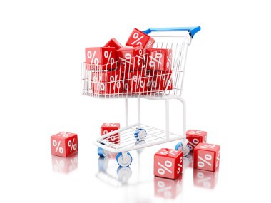 indirim küpleri ile 3D alışveriş sepeti.