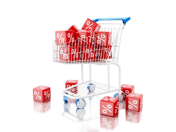 3D Shopping cart met korting kubussen. — Stockfoto