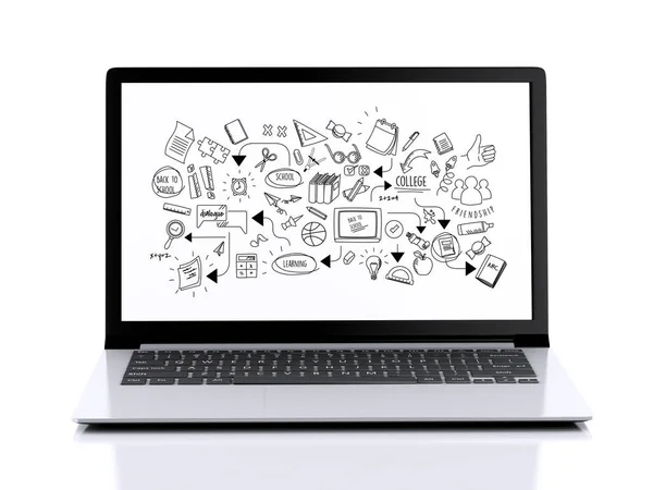 3d 笔记本电脑与教育 skecth 在屏幕上 — 图库照片
