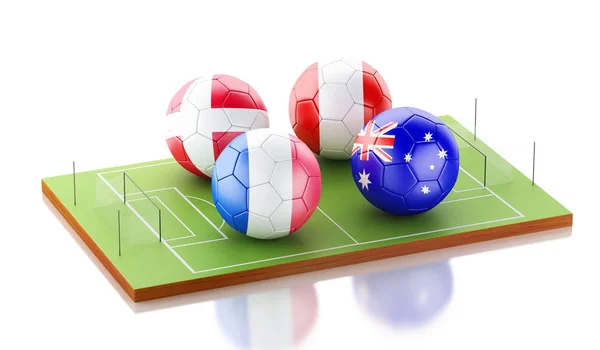 3D fotbollsplan med fotboll boll flaggor. Sports koncept. — Stockfoto