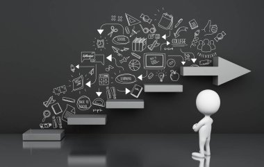 3D çizim. Beyaz insanlar ayakta çizim mezuniyet kroki. Eğitim kavramı 