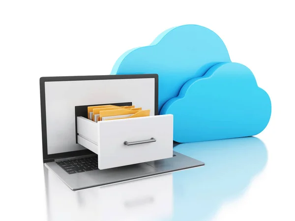 Illustrazione Laptop Con Cartelle Cloud Trasferimento Informazioni Concetto Archiviazione Online — Foto Stock