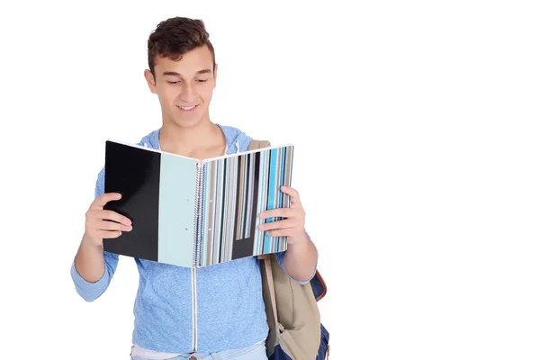 Portret Van Gelukkig Lachend Student Met Notitieboekje Tas Geïsoleerd Een — Stockfoto