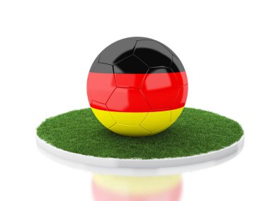 3D çizim. Futbol topuyla Almanya bayrağı çimenlerin üzerinde. Spor kavram. İzole beyaz arka plan.