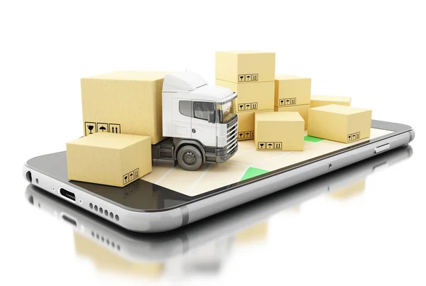 Ilustrasi Ponsel Pintar Dengan Kotak Kardus Logistik Gudang Paket Pengiriman — Stok Foto