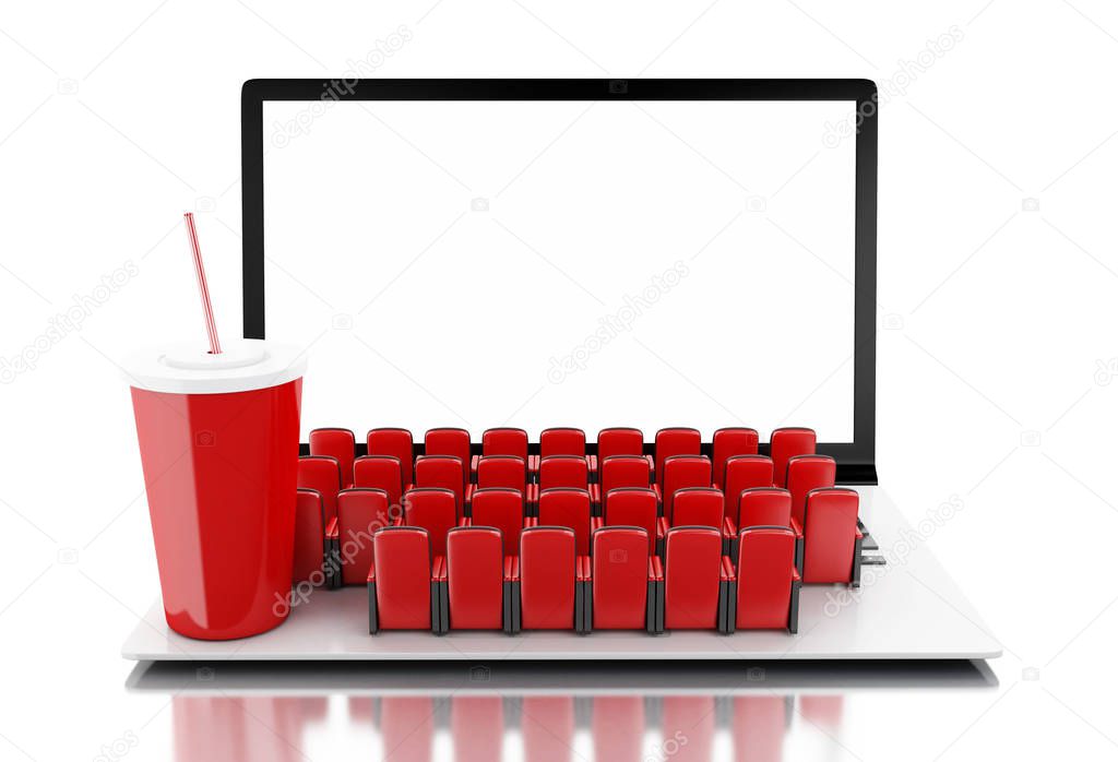 3d illustration. Laptop with blank screen and rows of cinema seats. Home cinema concept.