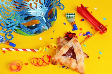 Karnaval maskesi, parti kostüm ve hamantasc Purim arka plan