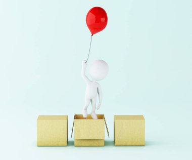 kutudan balon ile 3D beyaz insanlar. 