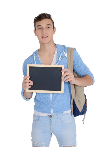 Man holding empty chalkboard — Stock Photo, Image