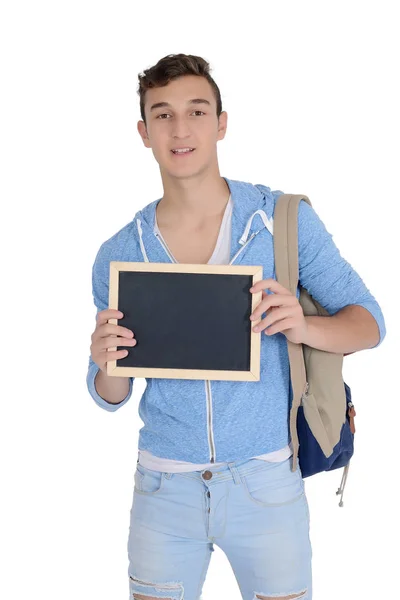 Man holding empty chalkboard Royalty Free Stock Images