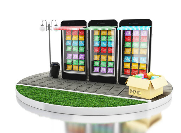 3d электронной коммерции, ноутбук с магазинами мобильных приложений
.