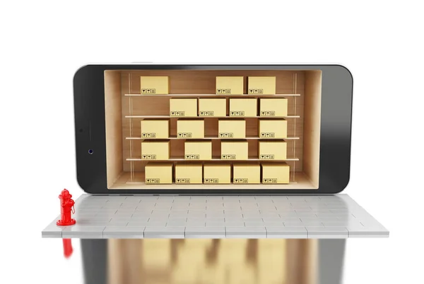 Smartphone 3D con scatole di cartone. consegna concetto di spedizione . — Foto Stock