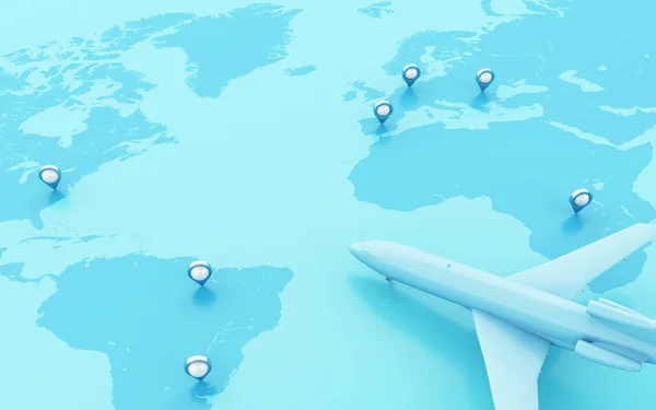 Aviones 3d que vuelan alrededor del mundo con puntero de mapa . —  Fotos de Stock