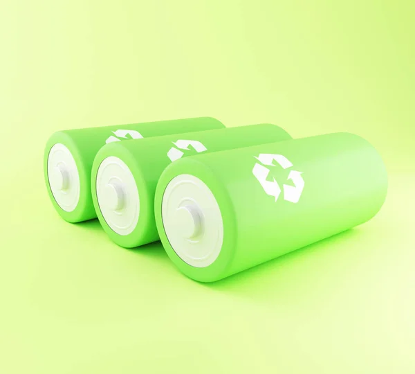 3d grüne Batterien mit Recycling-Symbol. — Stockfoto