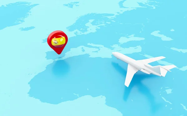 3D Самолет полет и карта указатель с флагом Испании . — стоковое фото