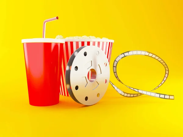 3D-Filmrolle, Popcorn und Getränk. — Stockfoto