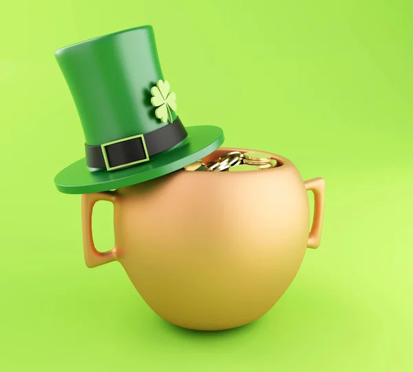 3D-pot van gouden munten en hoed. St. Patrick's day. — Stockfoto