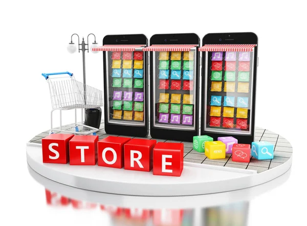Comercio electrónico 3d, Smartphone con tiendas de aplicaciones móviles . — Foto de Stock