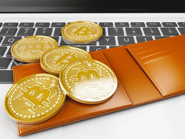 3d Pile of bitcoin gold coins on a computer keyboard — Stock Photo, Image