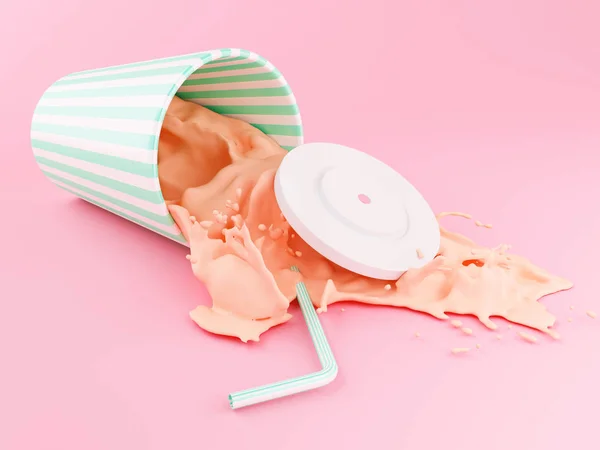 3D Kunststoffbecher spritzende Flüssigkeit auf rosa Hintergrund. — Stockfoto