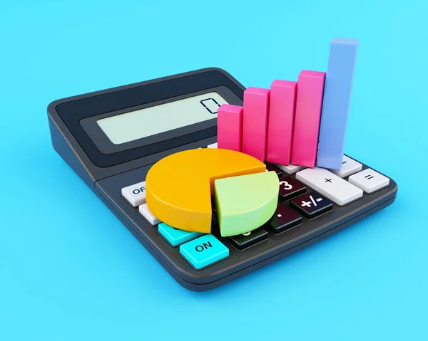 3D-Bureau rekenmachine en zakelijke grafiek. — Stockfoto