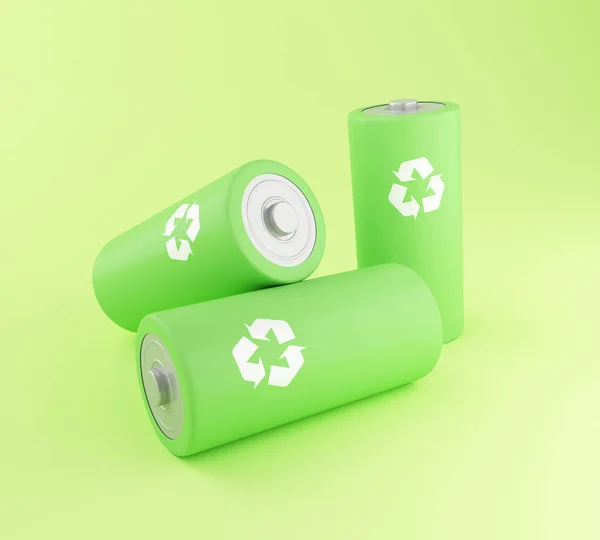 3d grüne Batterien mit Recycling-Symbol. — Stockfoto